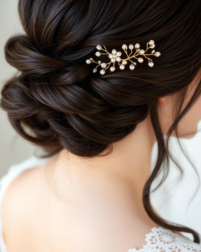 Chignon de mariage avec épingles dorées