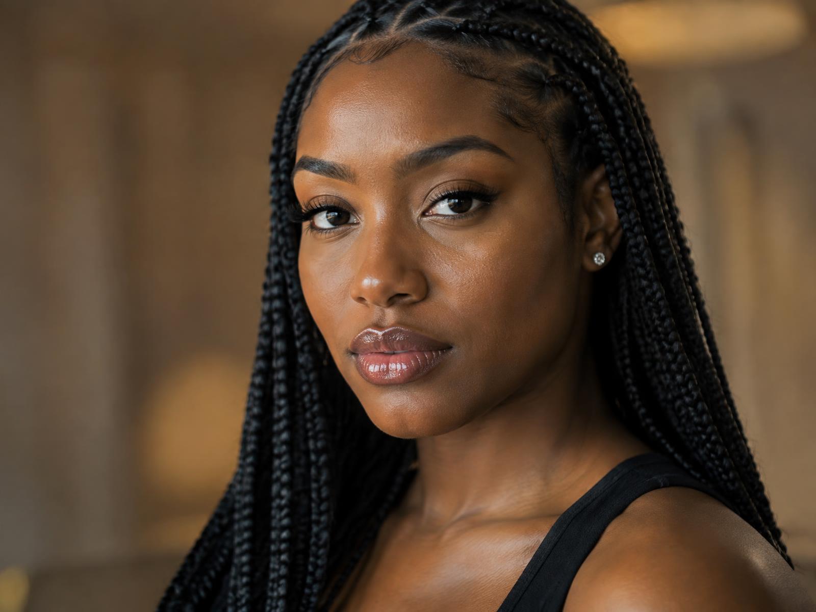 Portrait éditorial femme noire box braids haut de gamme